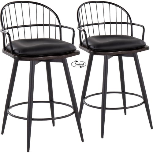 Riley 26" Swivel Counter Stool in Black Metal, Dark Walnut Wood & Black Leatherette (Set of 2)